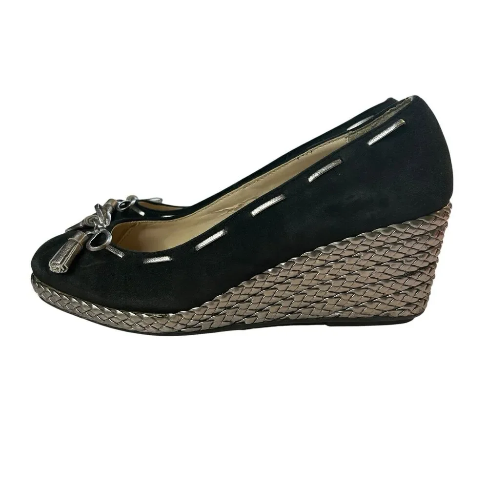 Lauren Ralph Lauren Black Suede Espadrille Wedge Size 7B Cambree Silver Metallic